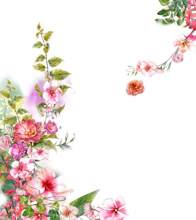 watercolor painting of leaves and flower, on white backgroundの写真素材