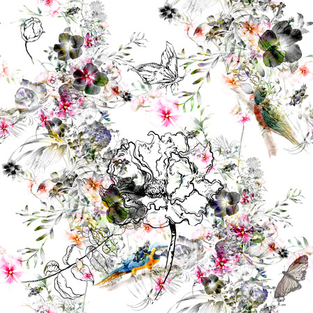 Watercolor painting of leaf and flowers, seamless pattern on white backgroundの写真素材