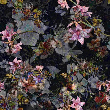 Watercolor painting of leaf and flowers, seamless pattern on dark backgroundの写真素材