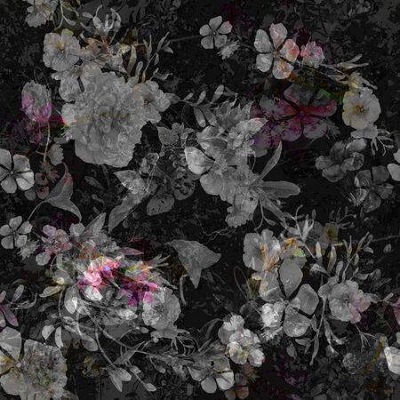 Watercolor painting of leaf and flowers, seamless pattern on dark backgroundの写真素材