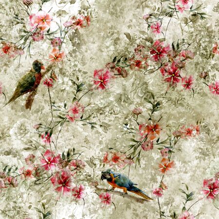 Watercolor painting of leaf and flowers, seamless patternの写真素材