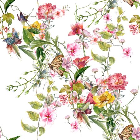 Watercolor painting of leaf and flowers, seamless pattern on white backgroundの写真素材