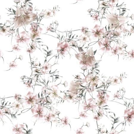 Watercolor painting of leaf and flowers, seamless pattern on white backgroundの写真素材