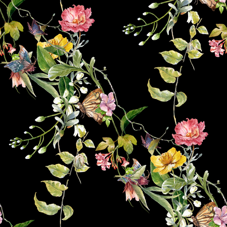 Watercolor painting of leaf and flowers, seamless pattern on dark backgroundの写真素材