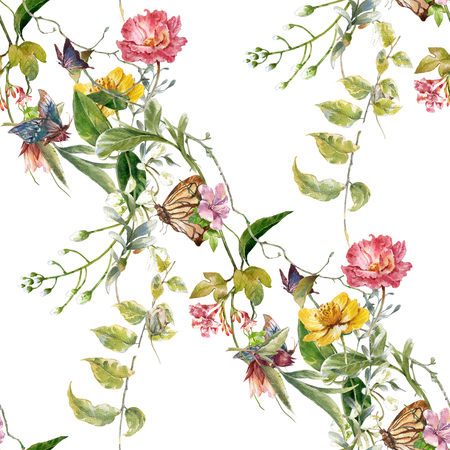Watercolor painting of leaf and flowers, seamless pattern on white backgroundの写真素材