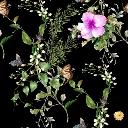 Watercolor painting of leaf and flowers, seamless pattern on dark backgroundの写真素材
