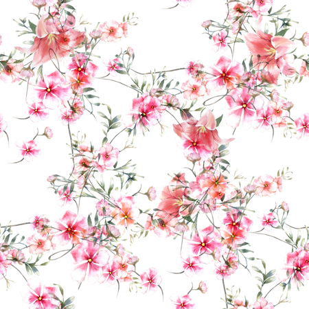 Watercolor painting of leaf and flowers, seamless pattern on white backgroundの写真素材