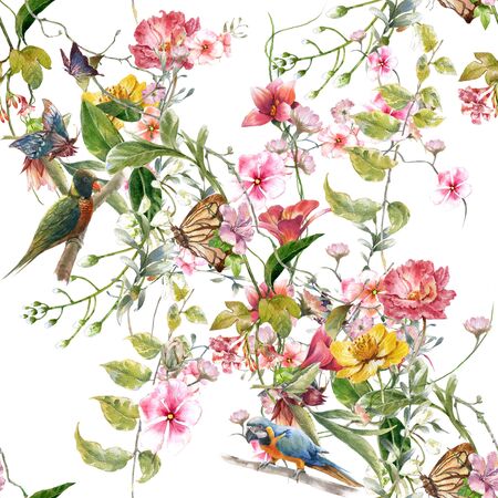 Watercolor painting of leaf and flowers, seamless pattern on white backgroundの写真素材