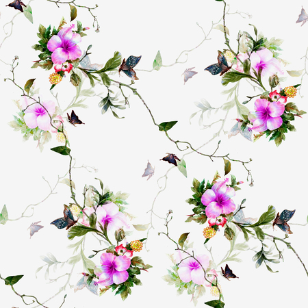 Watercolor painting of leaf and flowers, seamless pattern on white backgroundの写真素材
