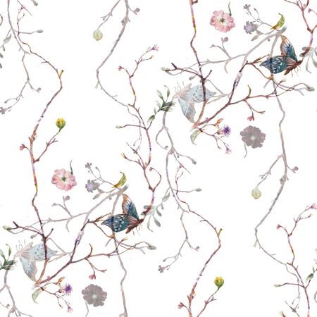 Watercolor painting of leaf and flowers, seamless pattern on white backgroundの写真素材