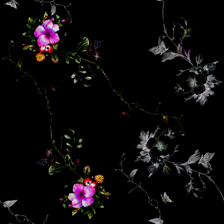 Watercolor painting of leaf and flowers, seamless pattern on dark backgroundの写真素材