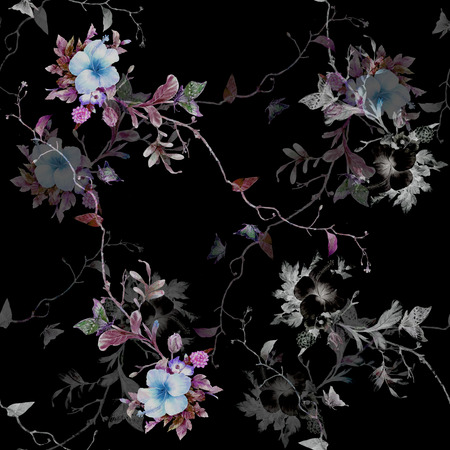 Watercolor painting of leaf and flowers, seamless pattern on dark backgroundの写真素材