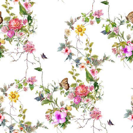 Watercolor painting of leaf and flowers, seamless pattern on white backgroundの写真素材