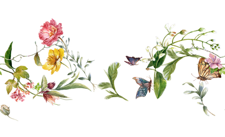Watercolor painting of leaf and flowers, seamless pattern on white backgroundの写真素材