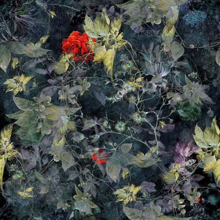 Watercolor painting of leaf and flowers, seamless pattern on dark backgroundの写真素材