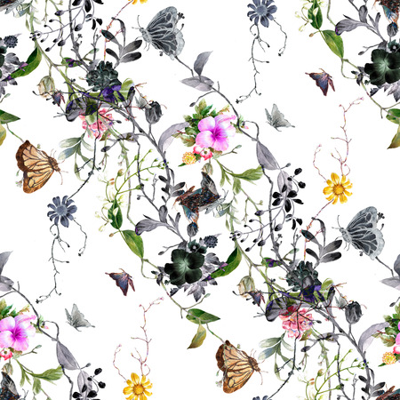 Watercolor painting of leaf and flowers, seamless pattern on white backgroundの写真素材