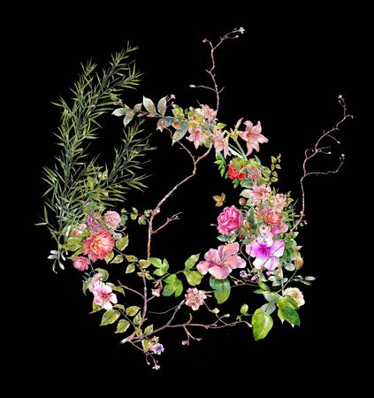 watercolor painting of leaves and flower, on dark backgroundの写真素材