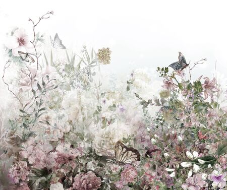 Abstract colorful flowers watercolor painting. Spring multicolored in natureの写真素材