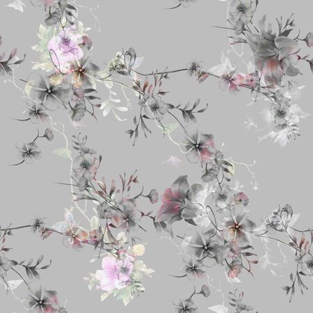 Watercolor painting of  leaf  and flowers, seamless pattern on gray backgroundの写真素材