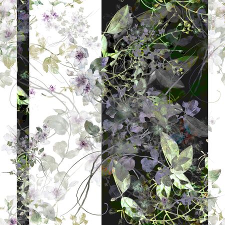 Watercolor painting of leaf and flowers, seamless pattern on white backgroundの写真素材