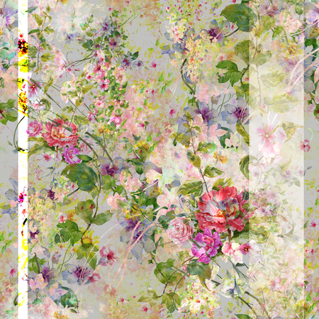 Watercolor painting of leaf and flowers, seamless patternの写真素材