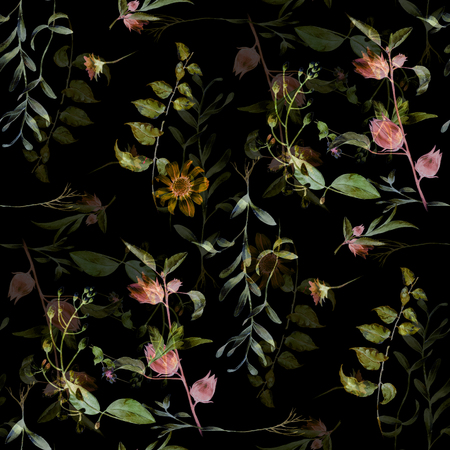 Watercolor painting of leaf and flowers, seamless pattern on dark backgroundの写真素材
