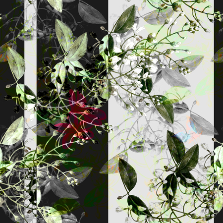 Watercolor painting of leaf and flowers, seamless pattern on dark backgroundの写真素材