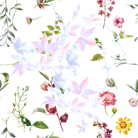 Watercolor painting of leaf and flowers, seamless pattern on white backgroundの写真素材