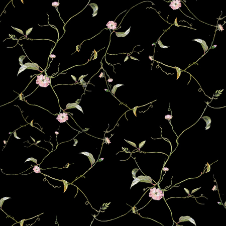 Watercolor painting of leaf and flowers, seamless pattern on dark backgroundの写真素材