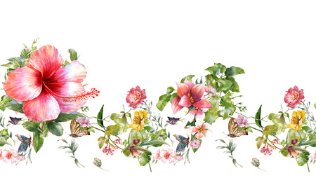 Watercolor painting of leaf and flowers, seamless pattern on white backgroundの写真素材