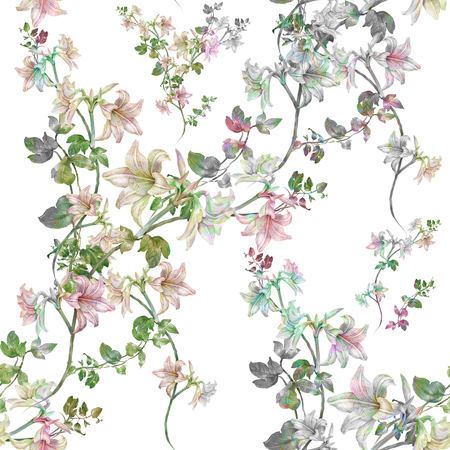 Watercolor painting of leaf and flowers, seamless pattern on white backgroundの写真素材