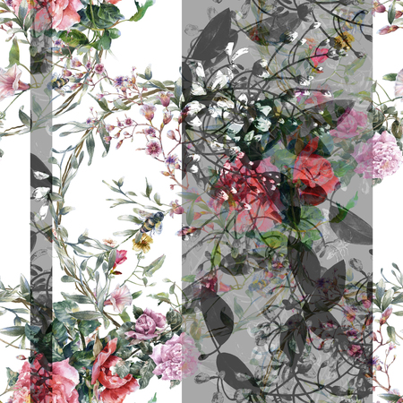 Watercolor painting of leaf and flowers, seamless pattern on white backgroundの写真素材