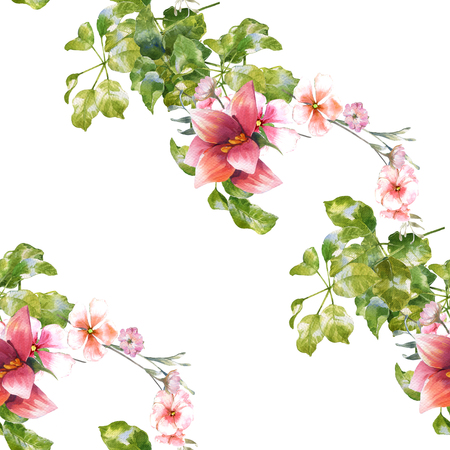 Watercolor painting of leaf and flowers, seamless pattern on white backgroundの写真素材