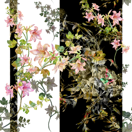Watercolor painting of leaf and flowers, seamless pattern on white backgroundの写真素材