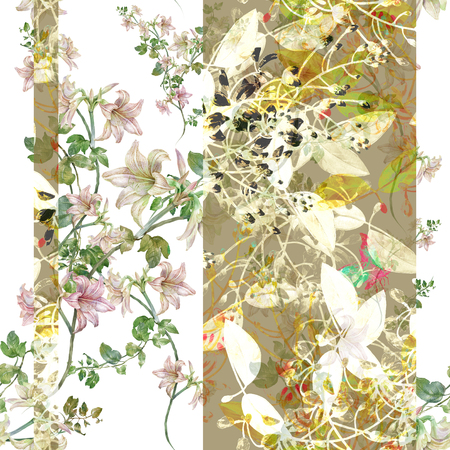 Watercolor painting of leaf and flowers, seamless pattern on white backgroundの写真素材