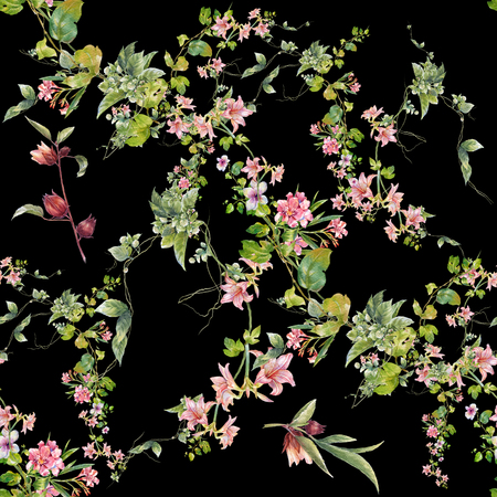 Watercolor painting of leaf and flowers, seamless pattern on dark backgroundの写真素材