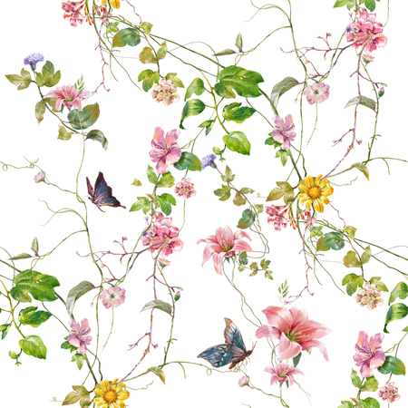 Watercolor painting of leaf and flowers, seamless pattern on white backgroundの写真素材