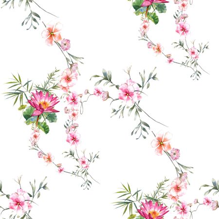 Watercolor painting of leaf and flowers, seamless pattern on white backgroundの写真素材