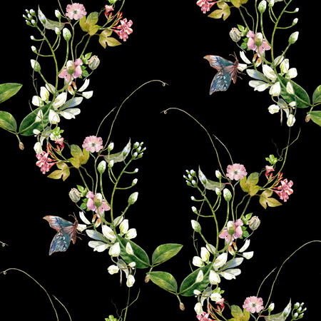 Watercolor painting of leaf and flowers, seamless pattern on dark backgroundの写真素材
