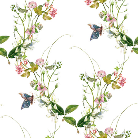 Watercolor painting of leaf and flowers, seamless pattern on white backgroundの写真素材