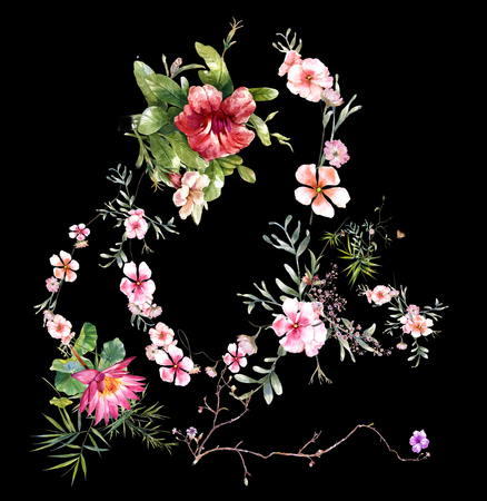 watercolor painting of leaves and flower, on dark backgroundの写真素材