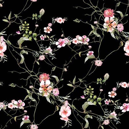 Watercolor painting of leaf and flowers, seamless pattern on dark backgroundの写真素材