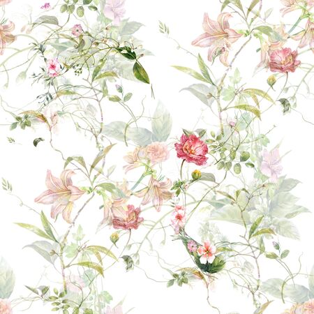 Watercolor painting of leaf and flowers, seamless pattern on white backgroundの写真素材