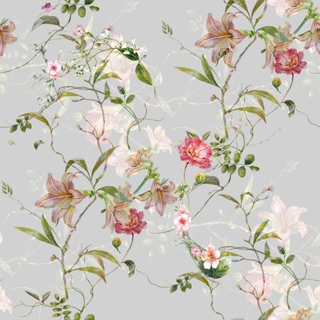 Watercolor painting of leaf and flowers, seamless pattern on gray backgroundの写真素材