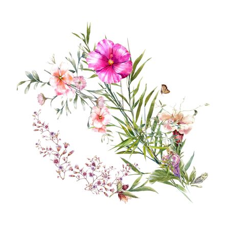 watercolor painting of leaves and flower, on white backgroundの写真素材