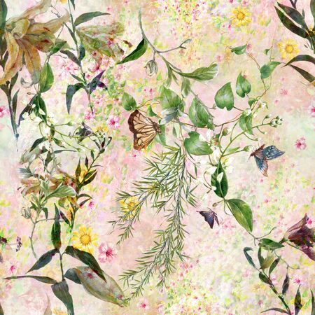 Watercolor painting of leaf and flowers, seamless patternの写真素材