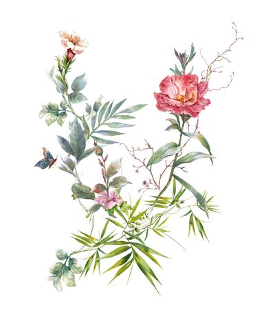 watercolor painting of leaves and flower, on white backgroundの写真素材