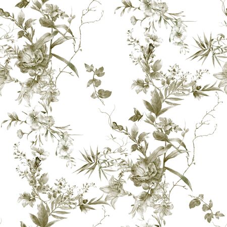 Watercolor painting of leaf and flowers, seamless pattern on white backgroundの写真素材