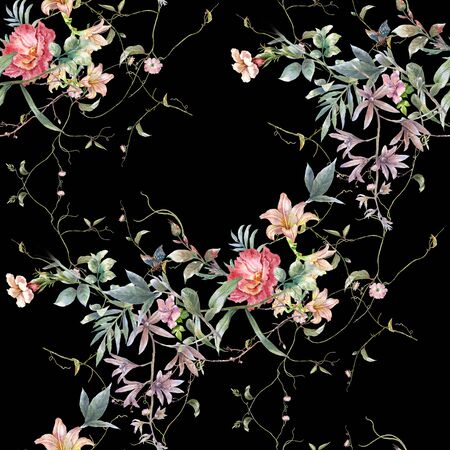 Watercolor painting of leaf and flowers, seamless pattern on dark backgroundの写真素材