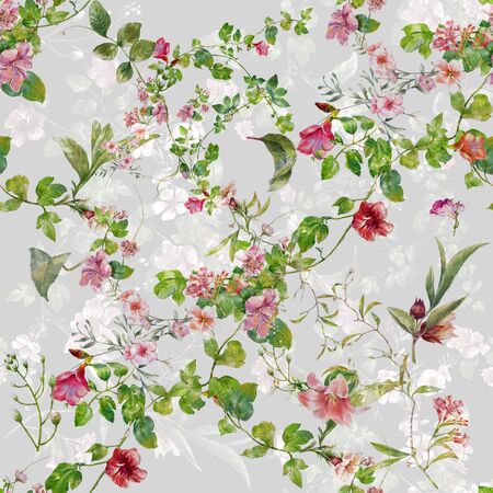 Watercolor painting of leaf and flowers, seamless pattern on gray backgroundの写真素材